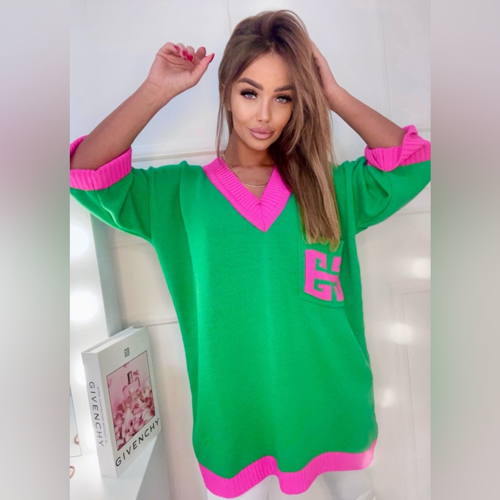 New Neon green pink fuchsia oversized off the shoulder style sweater tunic OSFA